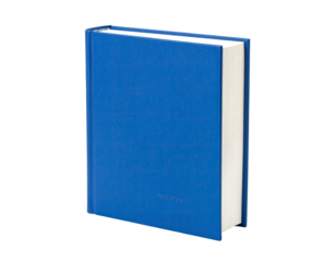 A closed, upright book with a bright blue cover