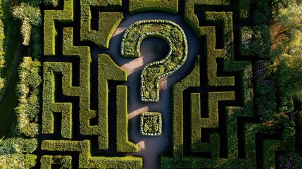 stammer. Aerial view of a hedge maze shaped like a question mark with a light symbol at its end. travel magazines, destination branding, designed for outdoor magazines and nature guides.