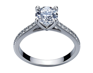 Shiny, diamond solitaire engagement ring with a pav? band, set against black