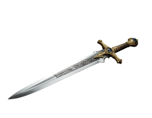 Ornate, two-handed sword with etched blade, jewels, and intricate hilt