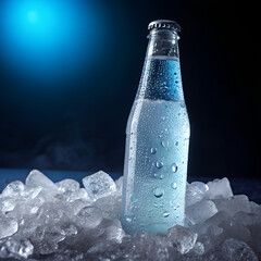A cold, condensation-covered bottle of clear beverage sits on ice cubes under blue light.