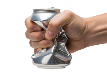 Crushed aluminum soda can in a clenched fist on transparent background