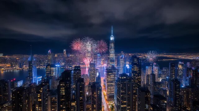 Aerial nighttime cityscape of a densely populated metropolitan area with skyscrapers and fireworks exploding in the sky, captured with a wide-angle shot and vibrant colors.