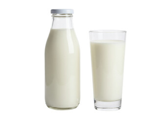 Glass bottle and glass of milk isolated PNG, fresh dairy product on transparent background, healthy drink for breakfast and nutrition