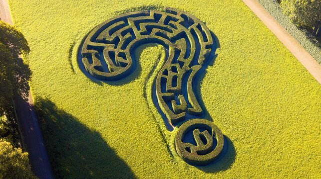 stammer. Aerial view of a hedge maze shaped like a question mark with a light symbol at its end. travel magazines, destination branding, designed for outdoor magazines and nature guides.