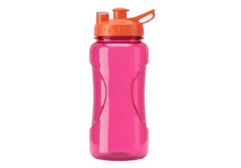 Pink water bottle with orange lid isolated PNG, reusable container for sports and fitness on transparent background