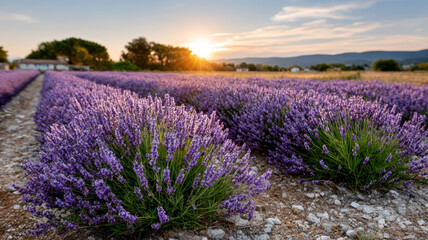 Fototapeta premium Lavender field at sunset with a scenic countryside view.