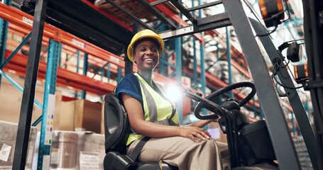 Face, forklift and logistics with black woman in plant for delivery, distribution or shipping. Smile, supply chain and warehouse with African person in vehicle depot for inventory or stock management - Powered by Adobe