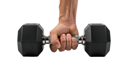 Close-up shot of a person's hand firmly gripping a black dumbbell for exercise.
