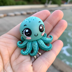 Cute teal octopus figurine with big eyes held in a hand near water.