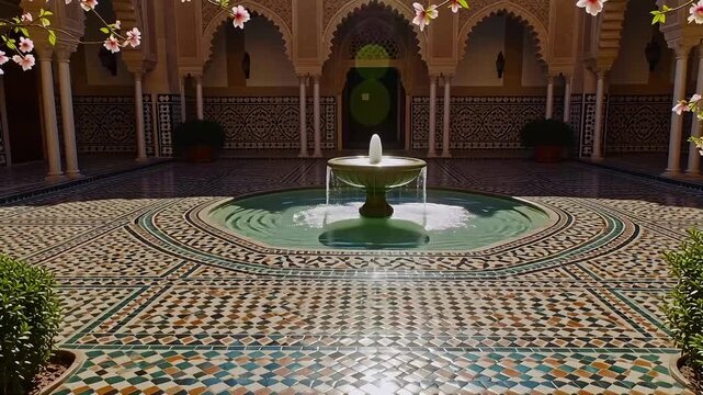 Serene Moroccan courtyard with intricate tilework and fountain