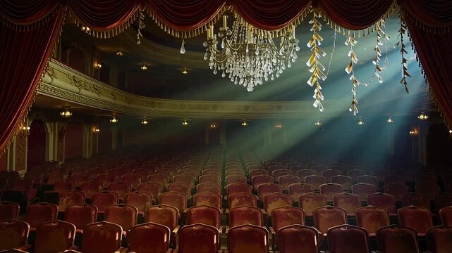 Ornate theater interior with empty seats and chandelier