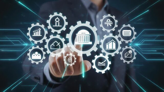 Empowering Digital Transformation Human Hand Interacting with a Futuristic Administrative and Financial Management System Interface for Business Efficiency and Growth
