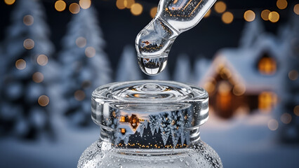 A shimmering drop of essence descends from a dropper into a clear bottle, reflecting an enchanting winter wonderland of snow-covered trees and twinkling lights