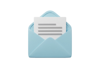 Light blue open envelope with letter isolated PNG, email notification for business communication and digital marketing on transparent background
