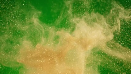 A dynamic explosion of fine brown powder against a vibrant green background - Powered by Adobe