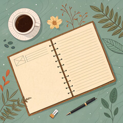 Overhead view of an open notebook, coffee cup, pen, and natural elements on a green background.