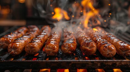Sausages sizzling on a grill with flames and smoke rising