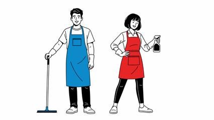 Two janitors in aprons cleaning with a mop and spray bottle in a simple illustration