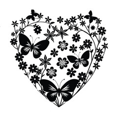 Black Silhouette Heart Shape Filled with Butterflies and Flowers love butterfly