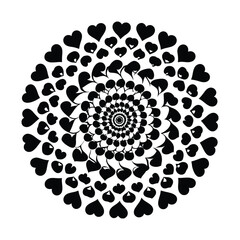 Black and White Heart Mandala with Swirling Spiral Pattern vector illustration