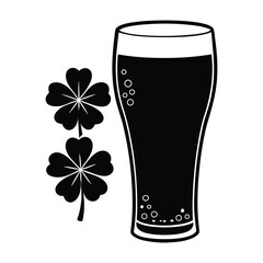 Black silhouette of a pint glass filled with dark beer and two four-leaf clovers