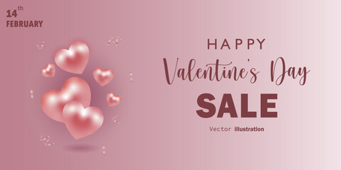 Valentine&rsquo;s Day sale vector with glossy pink heart balloons, festive gradient background, romantic ribbon decor, 14 February promotional design for banners, flyers, posters, ads, and social media
