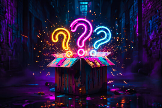 Luminous Neon Question Marks Floating Above a Dark Box