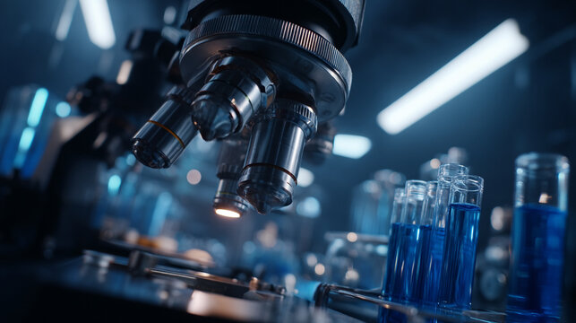 Microscope and test tubes in laboratory - Powered by Adobe