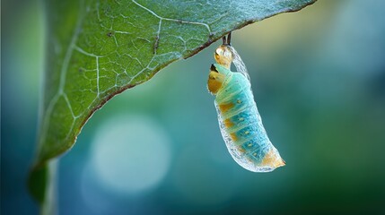 Fototapeta premium chrysalis. A caterpillar transforming within its translucent chrysalis, natural metamorphosis on a leaf. wildlife magazines, conservation campaigns, designed for eco-tourism storytelling.