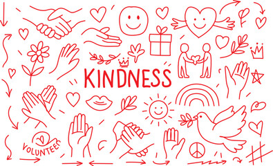Kindness symbols and hand-drawn doodles with hearts seamless pattern with red hearts