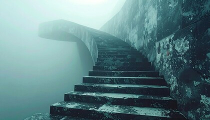 Foggy view of stone steps leading upward, weathered and aged