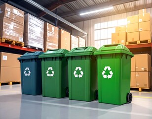 Four recycling bins in a warehouse setting, sunlight shining in