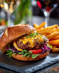 Gourmet cheeseburger with bacon, melted cheese and fresh vegetables served with crispy fries in cozy restaurant atmosphere