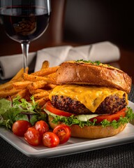 Homestyle beef cheeseburger with crispy bacon, melted cheese and french fries in cozy pub restaurant