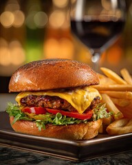 Juicy beef cheeseburger with bacon and crispy fries served on plate in modern casual dining restaurant