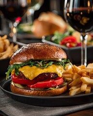 Classic American bacon cheeseburger with melted cheese, fresh vegetables and french fries on restaurant table