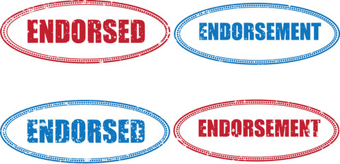 Four distressed oval rubber stamps with the words endorsed and endorsement in red and blue colors