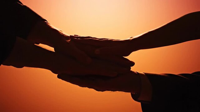 Silhouetted hands reaching towards each other against warm light
