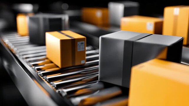 Conveyor belt transporting multiple parcel boxes in a distribution center, leading lines composition, logistics workflow visualization, ultra-realistic industrial photography