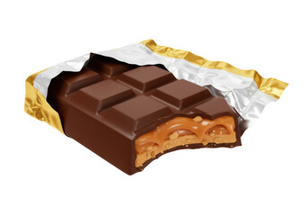 Chocolate bar with caramel and peanut filling isolated PNG, delicious candy treat with bite mark on transparent background