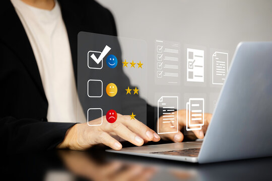 Satisfaction survey, service experience on online application, Customer give rating to service on application. questionnaire for experience or customer satisfaction research. Five star show on hand.