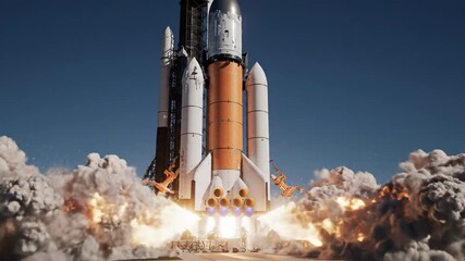 Spacecraft launching into blue sky with white smoke and flames