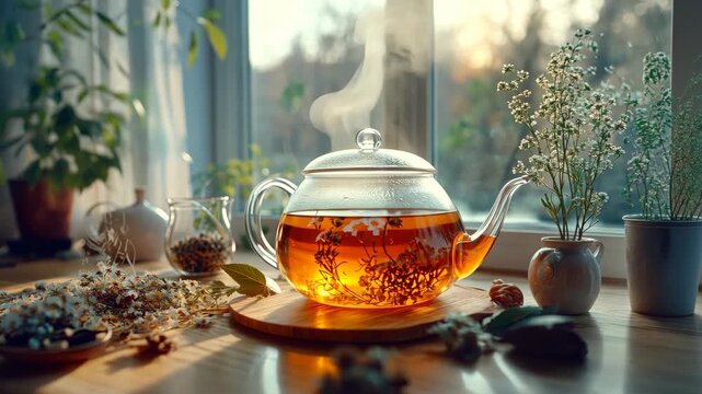A glass teapot with herbal tea and steam rising, surrounded by flowers and plants on a wooden table in sunlight. 4k Video footage.