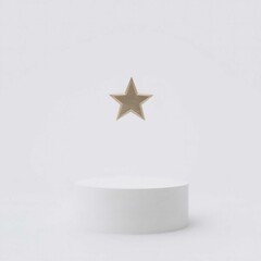Golden Star Floating Above White Pedestal, Minimalist Decor Concept