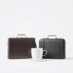 Luxury Briefcases and Coffee Cup on White Background, Modern Office Accessories