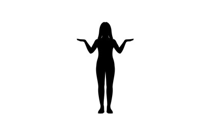 Full body silhouette of a woman standing with her arms outstretched and palms facing upwards, isolated on a white background, representing choice or balance.