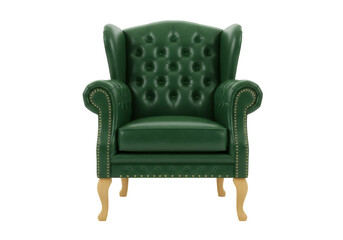 Elegant green leather armchair isolated PNG on transparent background, classic wingback chair with tufted design for living room or study