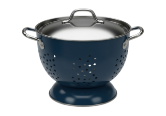 Blue enameled colander with lid isolated PNG, kitchen utensil for draining pasta and washing vegetables on transparent background