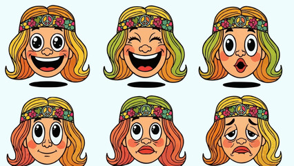 Cartoon Hippie Girl Faces Expressing Different Emotions.